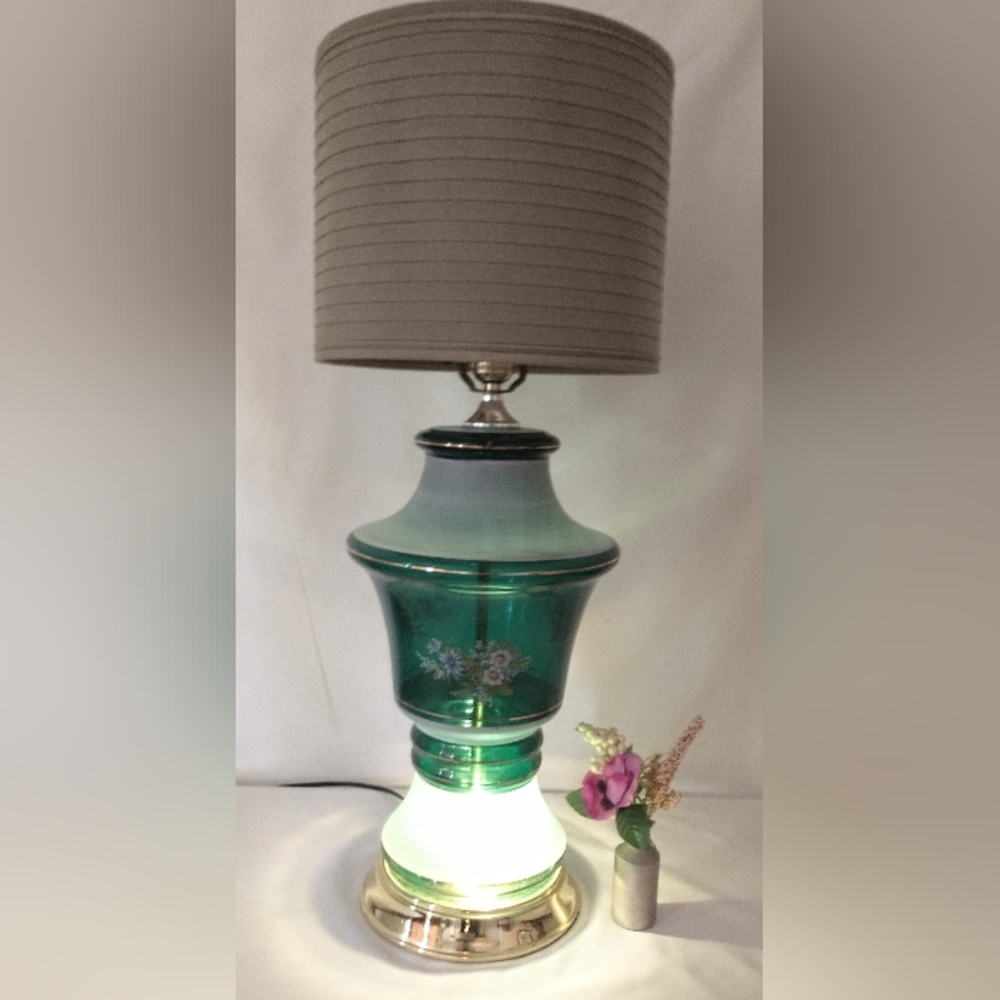 Vintage Bohemian Green Glass Lamp - Gold Gilding - 3 Way Lighting